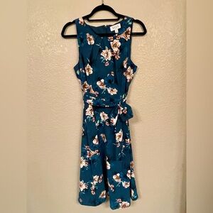 Ella Teal Floral Sleeveless Midi Dress with Waist Tie